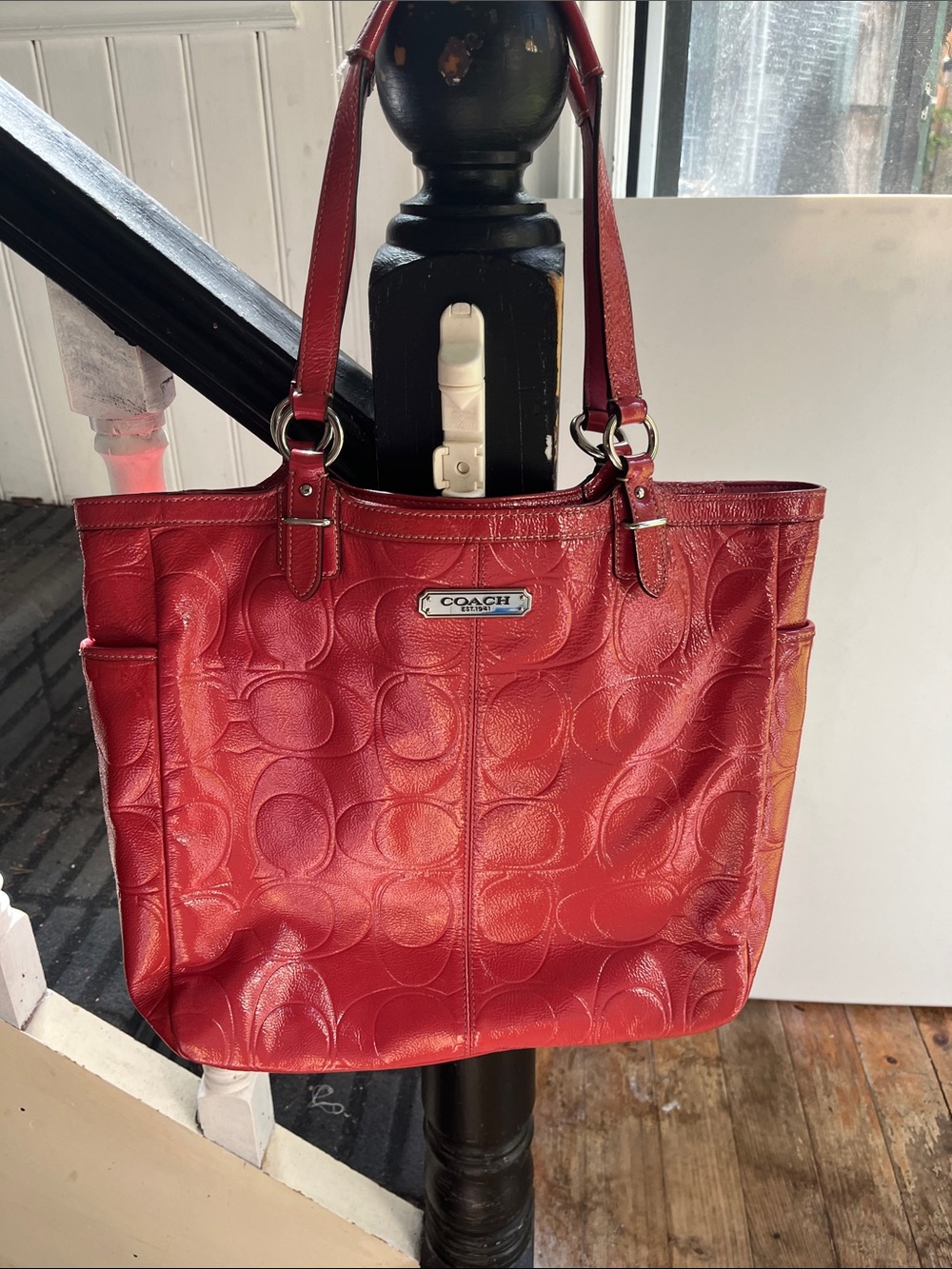 Coach Pink Monogram Embossed Patent Leather Tote F19818